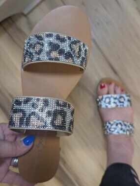 Let's See Style Lucy Leopard Stone Rhinestone Slide Sandals NIB Sizes 6-11